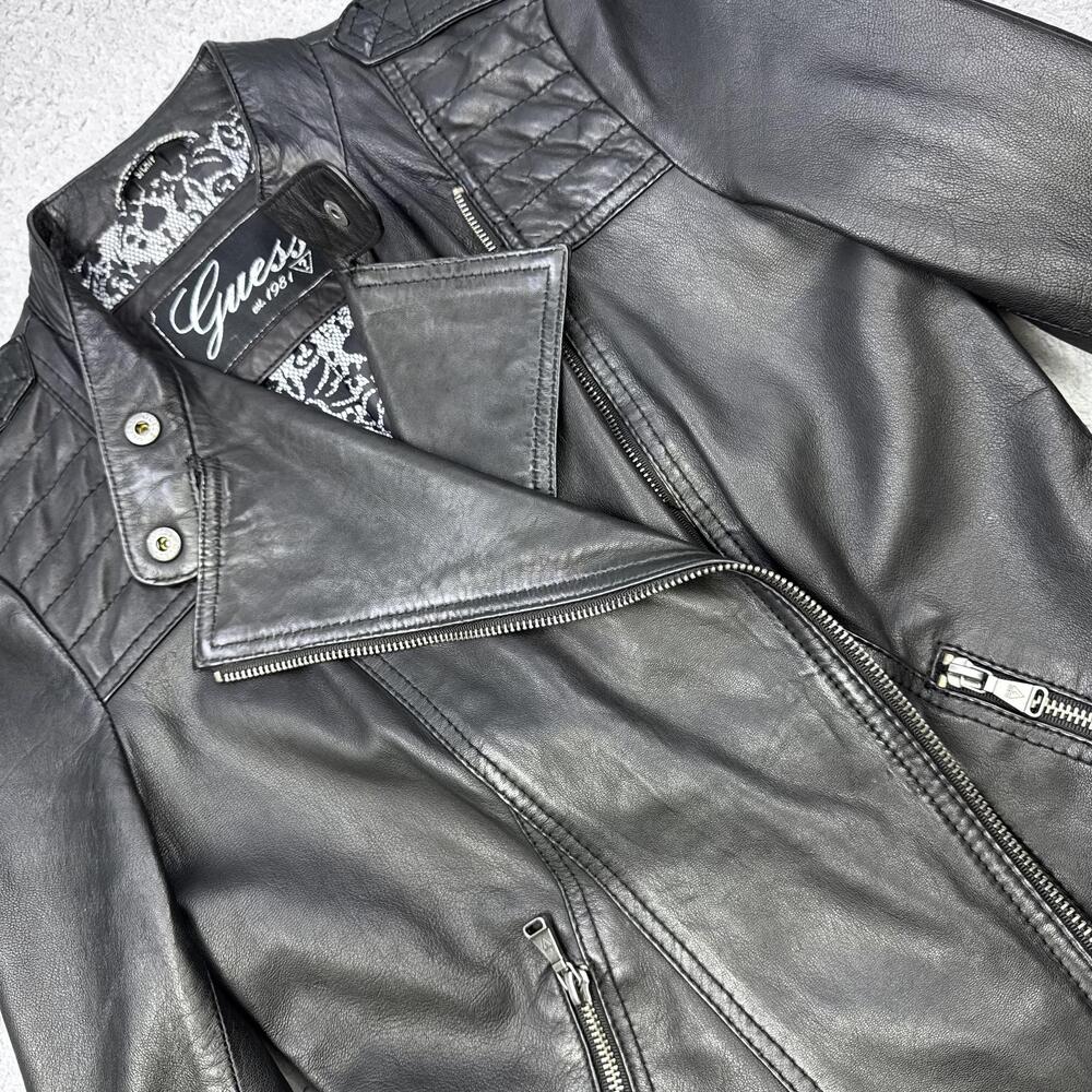 Guess Leather Jacket Womens Small Black Moto Asymmetrical Zip Biker Quilted